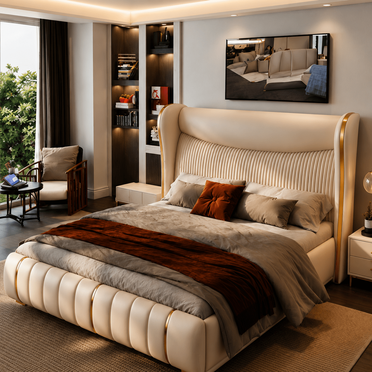 Pearl Ivory Premium Leatherette with Champagne Gold Accents Luxury Wingback Upholstered Bed - Image 1
